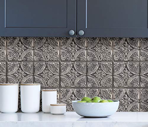 InHome NH3922 Camden Antique Silver Faux Tin Peel & Stick Backsplash Tiles, Metallic, 10 inch x 10 inch - Image 2