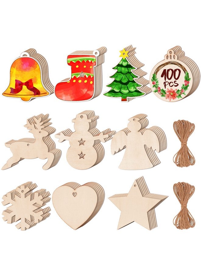 ماكس فن مجموعة من 100 قطعة من زينة عيد الميلاد الخشبية من ماكس فن، دوائر خشبية غير مكتملة ومثقوبة مسبقًا، مناسبة للحرف اليدوية وقطع مركزية وديكورات معلقة للعطلات في 10 أشكال - Image 1