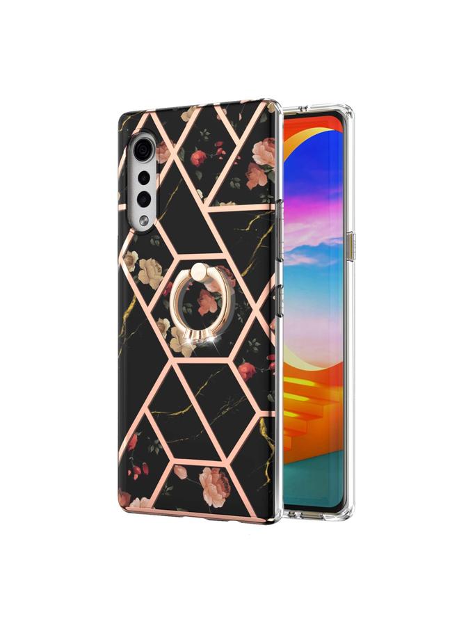 اس-توب جراب لهاتف LG Velvet 5G، مصنوع من مادة TPU المقاومة للصدمات، ومزين بنقشة زهور رخامية مطلية بالكهرباء، مع حامل حلقي من حجر الراين - Image 2