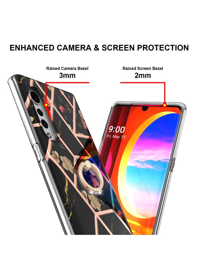 اس-توب جراب لهاتف LG Velvet 5G، مصنوع من مادة TPU المقاومة للصدمات، ومزين بنقشة زهور رخامية مطلية بالكهرباء، مع حامل حلقي من حجر الراين - Image 3