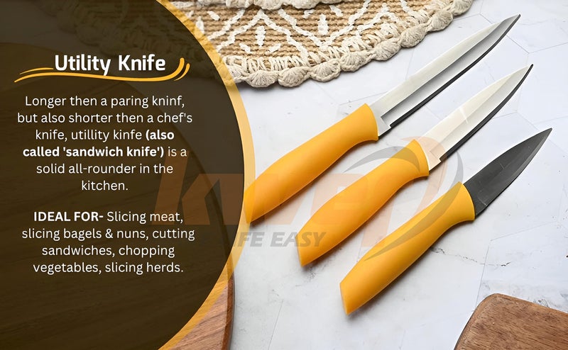 KWER Knife for Kitchen with Super Cutting Blade of Knife for Kitchen Items Kitchen Accessories Gadgets Chef Knife Stainless Steel Knife Pack of 3 Yellow Colour - Image 4
