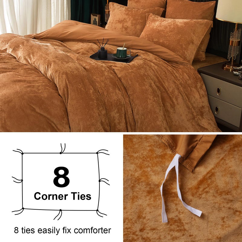PHF مجموعة أغطية لحاف PHF من المخمل الحقيقي بحجم كوين 3 قطع غطاء لحاف فائق النعومة وقابل للتنفس مجموعة غطاء لحاف فاخرة مريحة من الفلانيل مع أغطية وسائد مجموعة سرير 90"" x 90"" سكر بني - Image 5