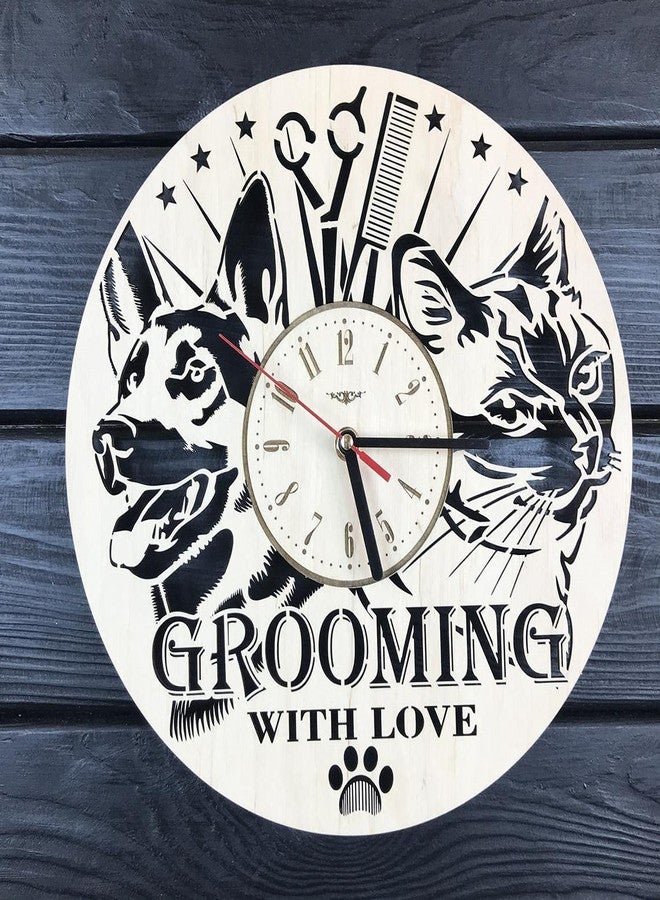 NABSTER Pet Grooming Wall Clock Wood Home Grooming Salon Decor Gifts Dog Grooming Art Kitchen Living Room Christmas Birthday Pet Grooming Clock - 12 Inch / 30 Cm - Image 1