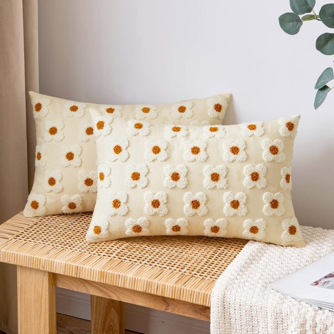 DECORATIVE THROW PILLOW COVERS SUN FLOWER JACQUARD PILLOWCASE CUSHION CASE RECTANGLE FOR COUCH SOFA BED LIVING ROOM BEDROOM SET OF 2 12X20 INCH BEIGE