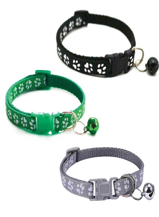 Litvibes Cat Collars Set of 3 with Bell,Kitten & Small Dogs Soft Adjustable Collar Safe,Solid & Protection Breakaway for Cats & Puppies,Cute Kitty Neckband with Paw Print-(Grey,Black,Dark Green) - Image 1
