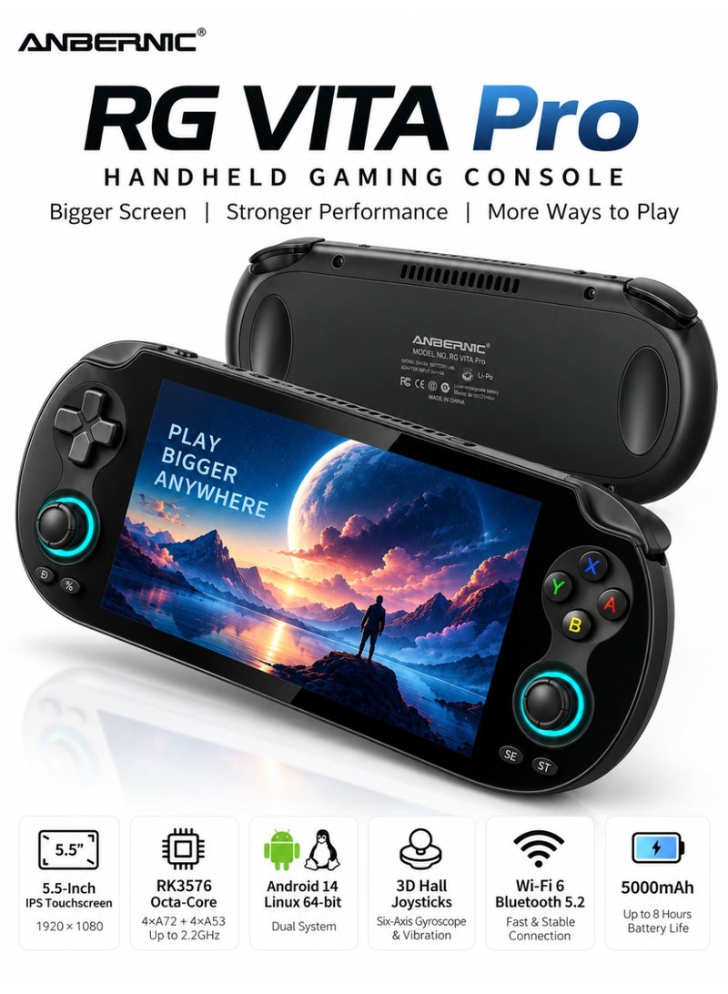 ANBERNIC RG VITA Pro Portable Handheld Gaming Console, 5.5-Inch FHD IPS Touchscreen, RK3576 Octa-Core, Android 14 & Linux 64-Bit, 4GB+64GB, 3D Hall Joysticks, Wi-Fi 6, Bluetooth 5.2, 5000mAh, Black - Image 1