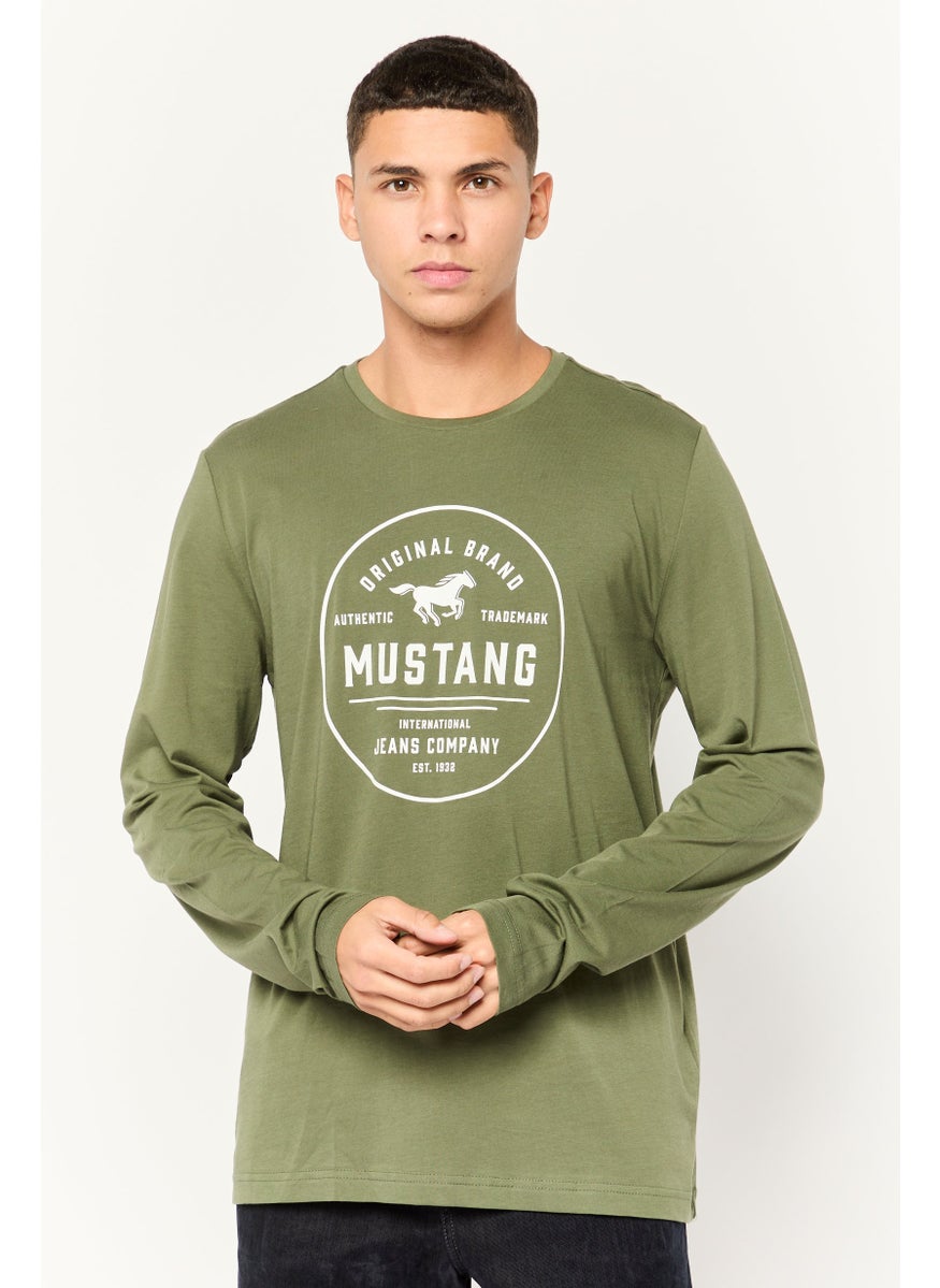 MUSTANG Men Round Neck Long Sleeves Graphic T-Shirt, Olive  - Image 1