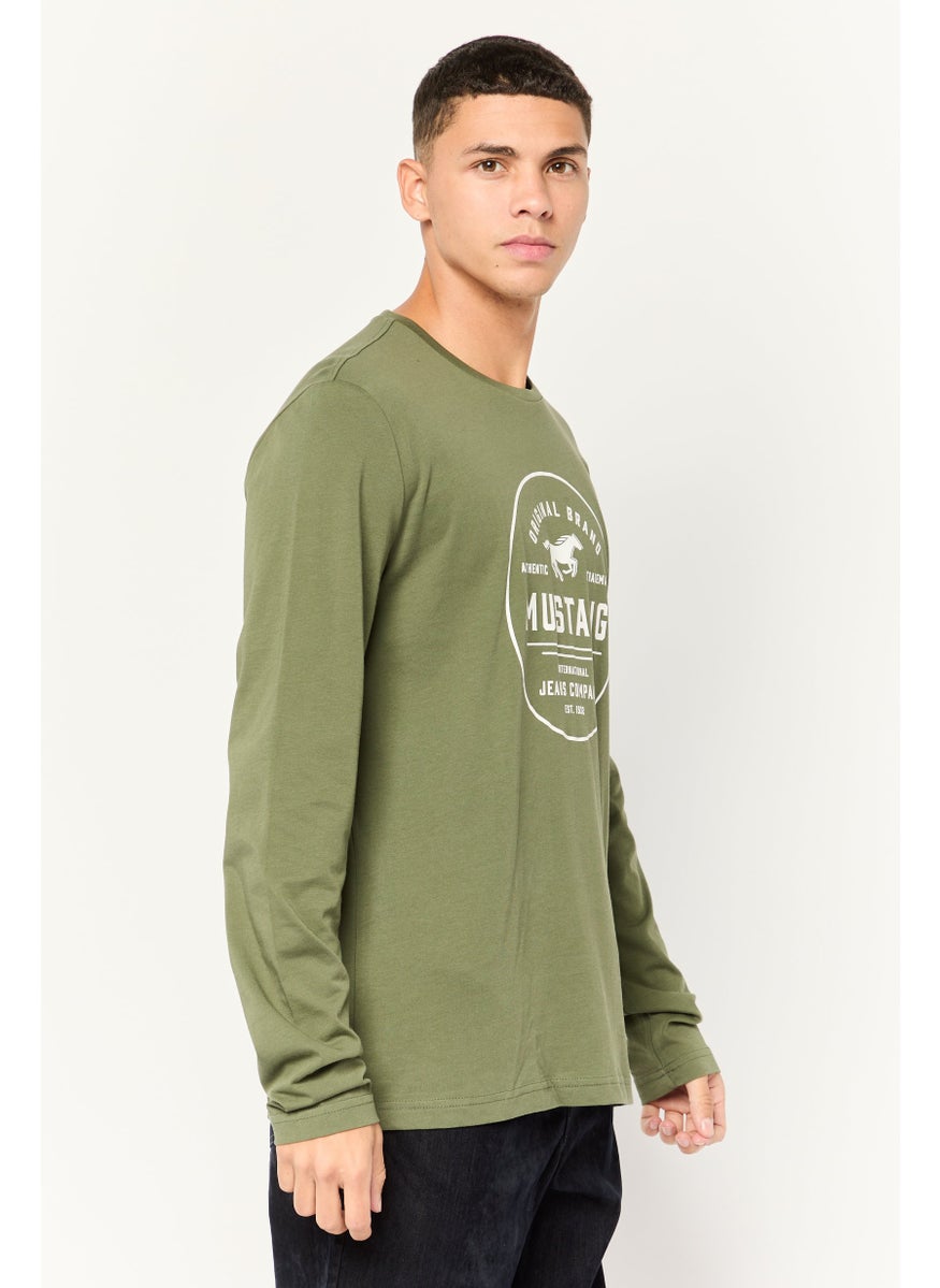 MUSTANG Men Round Neck Long Sleeves Graphic T-Shirt, Olive  - Image 3