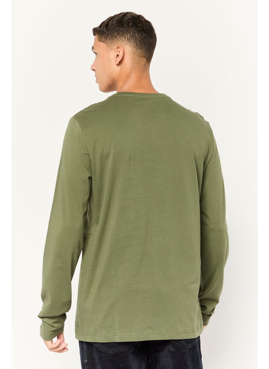 MUSTANG Men Round Neck Long Sleeves Graphic T-Shirt, Olive  - Image 4