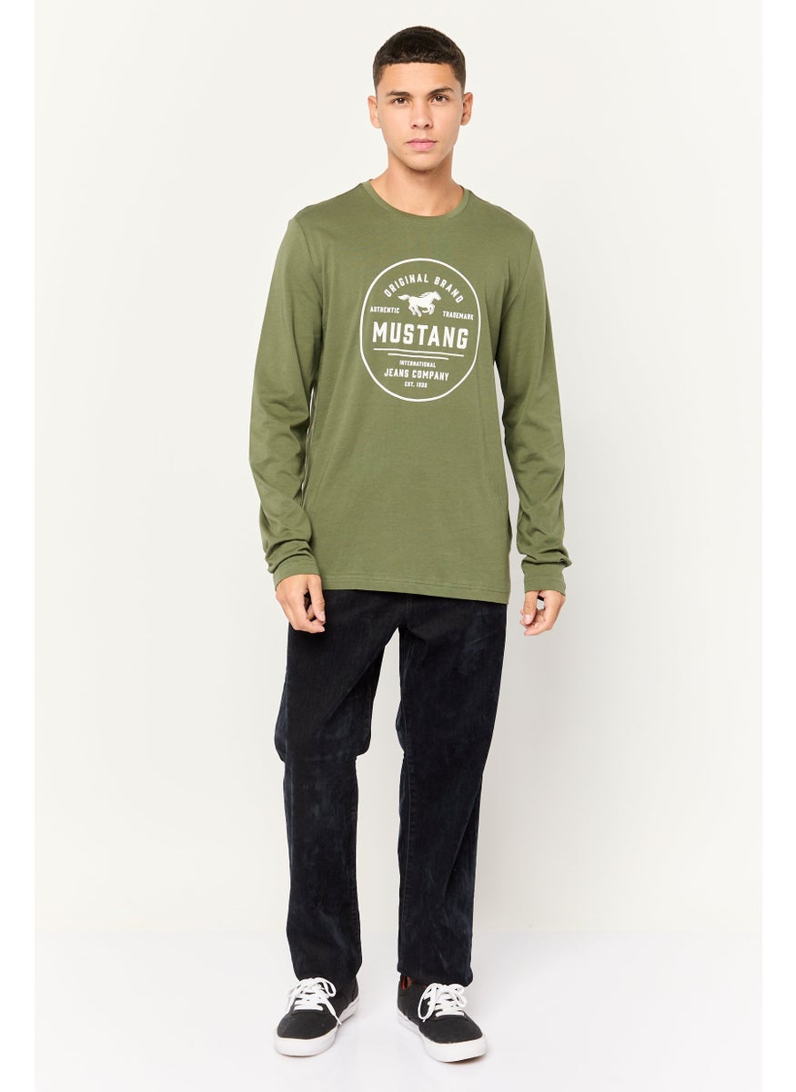 MUSTANG Men Round Neck Long Sleeves Graphic T-Shirt, Olive  - Image 2