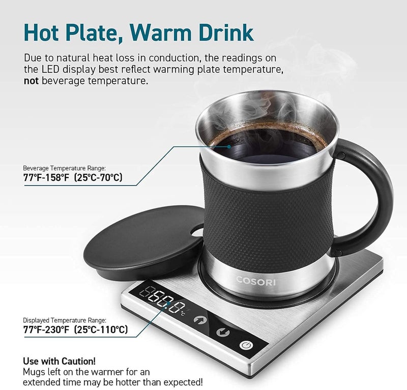 COSORI Coffee Mug Warmer & Mug Set for Desk, Cup Heater, Office & Christmas Gifts, 1°F Precise Temperature Control, Touch Tech & LCD Digital Display (77-194℉), 304 Stainless Steel, Silver/Black - Image 5
