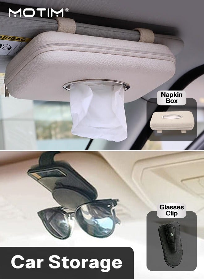 Motim 1 Pcs Car Tissue Holder Sun Visor Tissue Holder Zipper Car Visor PU Leather Tissue Case And 1 Pcs Sunglass Holder for Car Visor Magnet Adsorbed Sunglasses Holder Clip Leather Quality  - Image 1