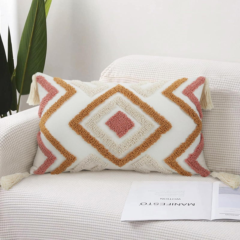 Merrycolor Boho Tufted Decorative Throw Pillow Covers (Orange and Pink, 20" x 12" (Pack of 1)) - Image 1