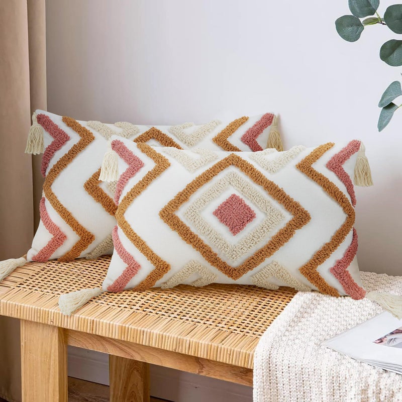 Merrycolor Boho Tufted Decorative Throw Pillow Covers (Orange and Pink, 20" x 12" (Pack of 1)) - Image 2