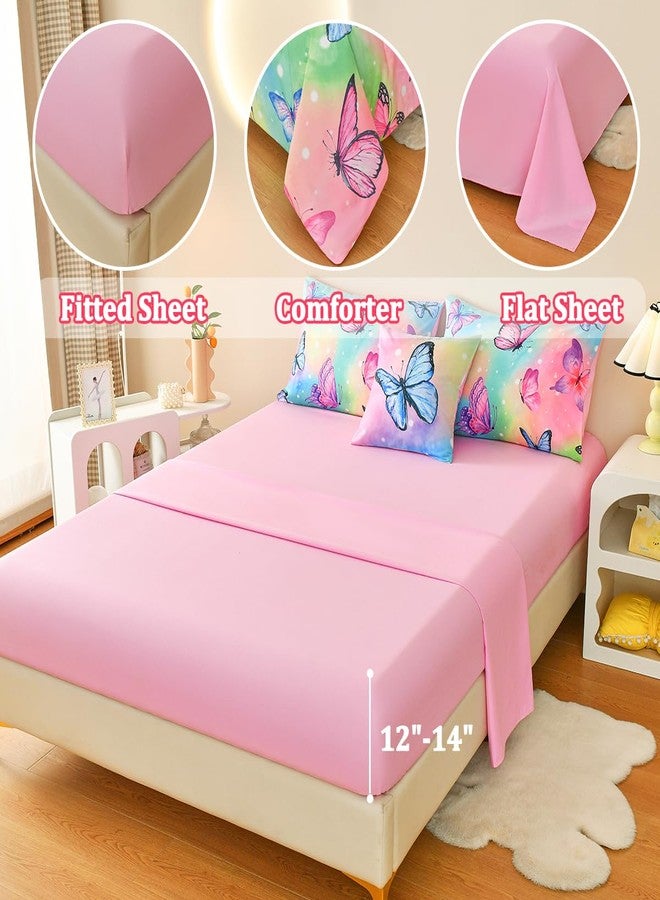 Tasselily 6 Pcs Bed in A Bag Full Comforter Set for Girls,Pink Butterfly Bedding,Butterfly Comforter Sets with Sheets for Kids Teens - Image 4