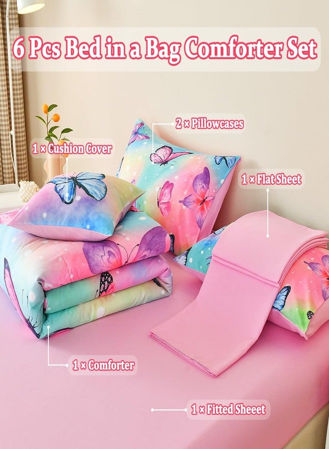 Tasselily 6 Pcs Bed in A Bag Full Comforter Set for Girls,Pink Butterfly Bedding,Butterfly Comforter Sets with Sheets for Kids Teens - Image 2