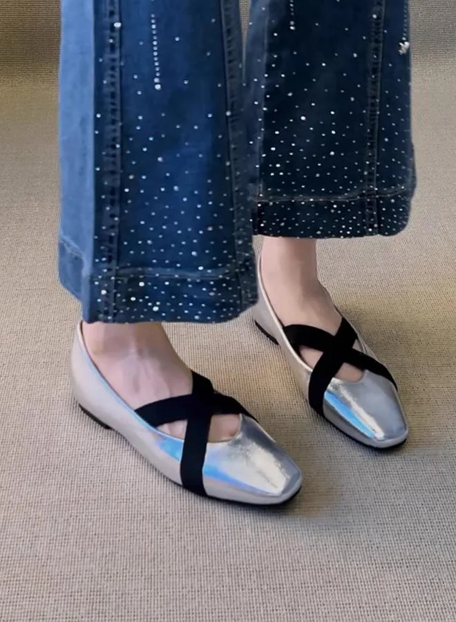 Take Two Women Silver Cross-Strap Flats Shoes