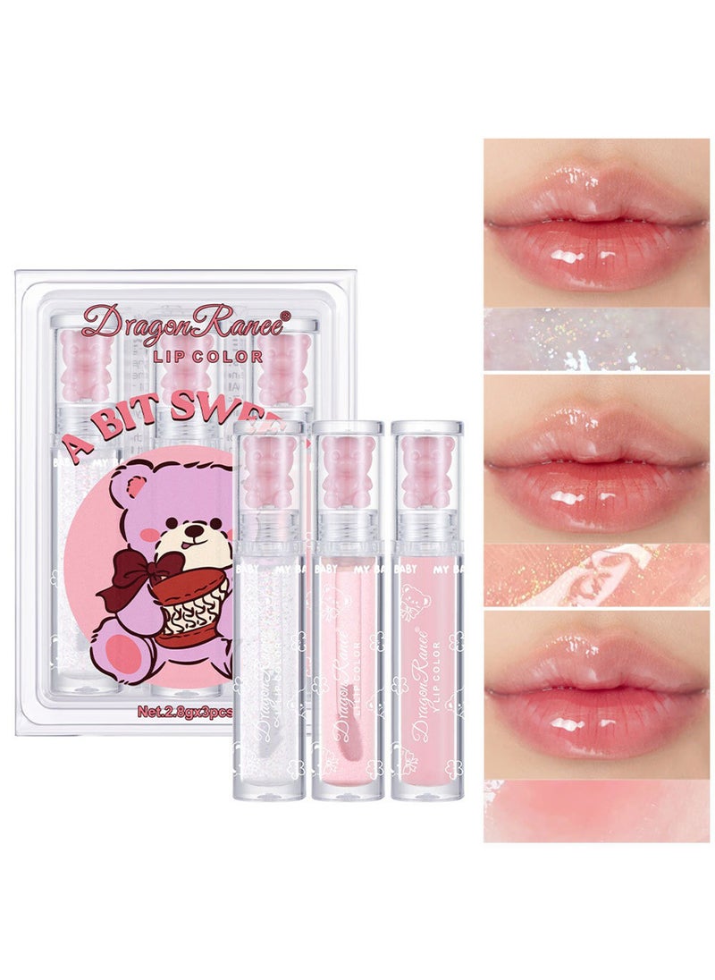 Dragon Ranee 3Pcs Glossy Cute Bear Lip Glaze, Clear Lasting Hydrating Lip Oil with Fine Flash, Crystal Jelly Lip Gift for Dry Lip  - Image 1