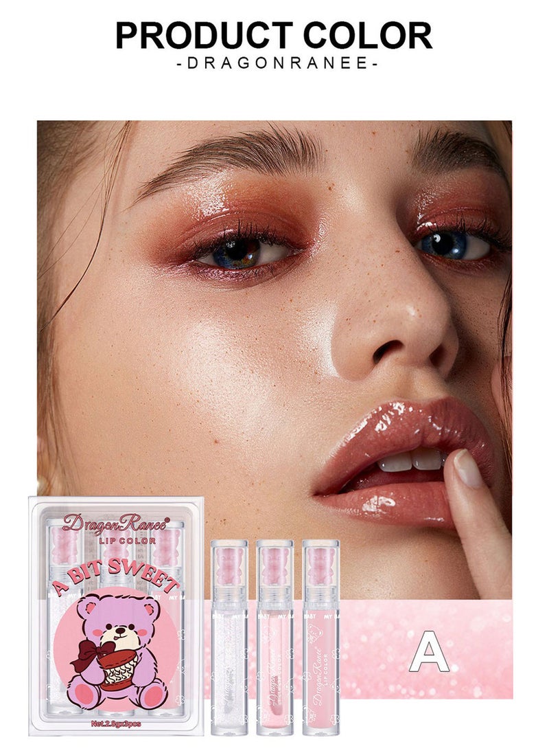 Dragon Ranee 3Pcs Glossy Cute Bear Lip Glaze, Clear Lasting Hydrating Lip Oil with Fine Flash, Crystal Jelly Lip Gift for Dry Lip  - Image 2