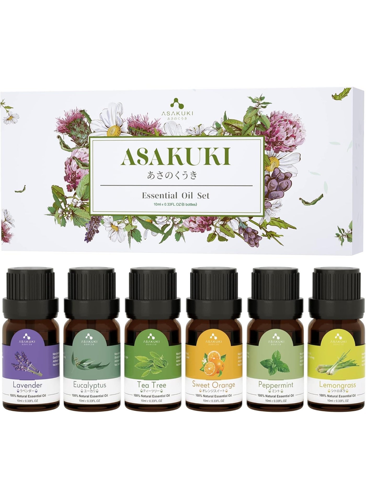 ASAKUKI Essential Oils Set, Starter Kit for Diffusers for Home Top6 Aromatherapy Gift - 6 Bottles*10mL(Lavender, Eucalyptus, Lemongrass, Tea Tree, Sweet Orange, Peppermint)