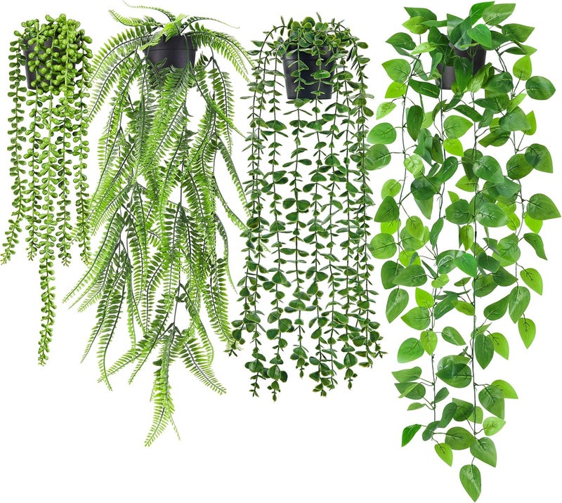Der Rose 4Pcs Fake Plants Hanging Artificial Ivy Vine Faux Eucalyptus Hanging Plants, Boston Fern, String of Pearls for Living Room Bedroom Boho Wall Shelf Indoor Outdoor Decor - Image 1