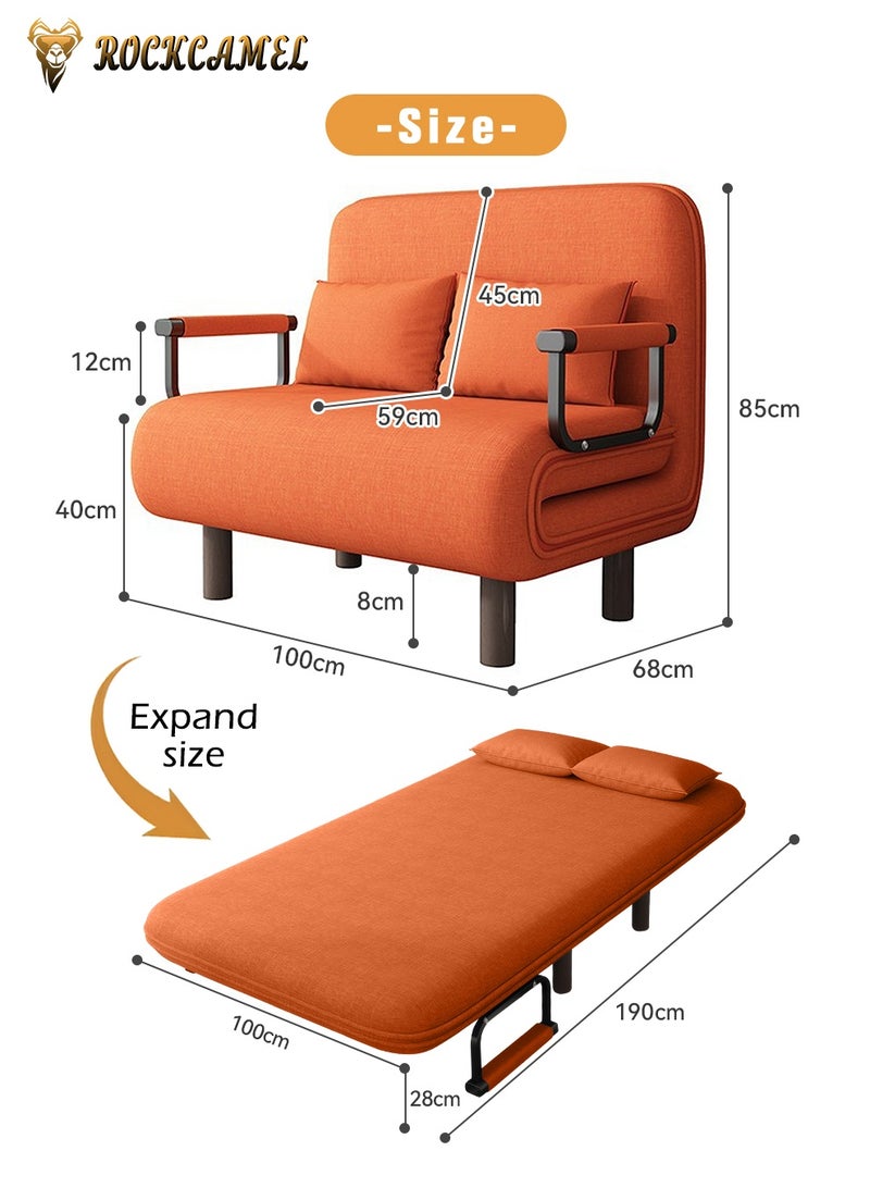 ROCKCAMEL 3-In-1 Armchair Sofa With Angle Adjustment,100cm Wide Convertible Sofa Bed And Leisure Recliner, Skin-Friendly Flannel Fabric, Removable And Washable, Free Two Pillow, Multifunctional Backrest Sofa Seat For Home And Office,Orange - Image 3