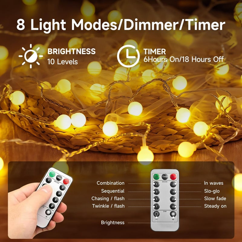 Proxima Direct Battery Fairy Lights 10 m 100 LED Globe String Light with 8 Lighting Modes Remote Timer IP44 Waterproof for Ramadan Eid Mubarak Christmas Diwali Decorations (Warm White) - Image 3