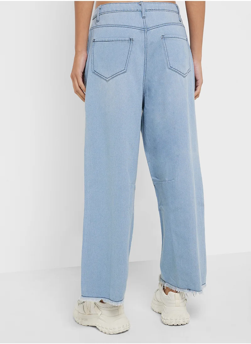 جينجر Mid Rise Wide Leg Jeans With Frayed Hem