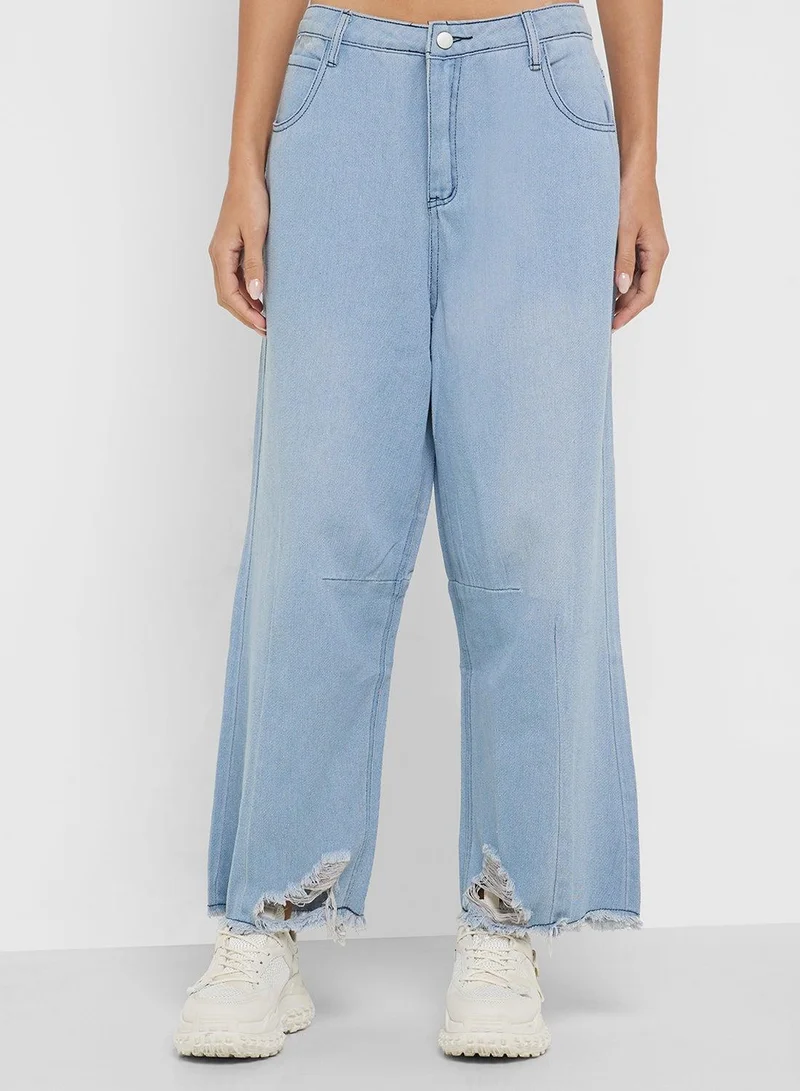 Ginger  Mid Rise Wide Leg Jeans With Frayed Hem for Women | Best Price UAE