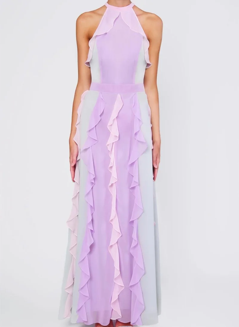 ترو ديكادينس Dream Pastel Multi High Neck Cascading Ruffle Maxi-Dress