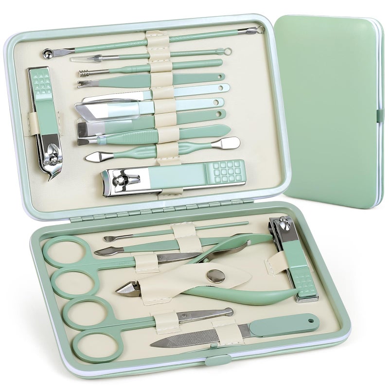 QLNE Manicure Set Pedicure Kit Nail Clippers Set Fingernail Clipper Set Ingrown Toenail Nail Kit Scissor Nail Trimmer Kit 18 Pieces Women and Menâ€™s Care Grooming Tools with Fine Case (Tea Green_18 Pieces) - Image 1