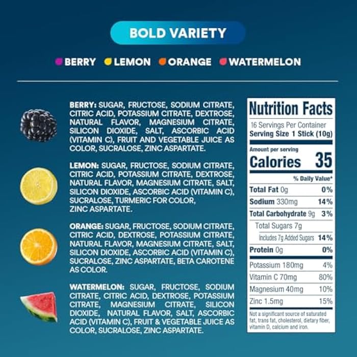 DripDrop Hydration Packets - Bold Variety Pack - Single Serve Electrolytes Powder Drink Mix - Watermelon, Berry, Lemon, Orange - Non-GMO, Gluten Free, Vegan - 16 Sticks - Image 4