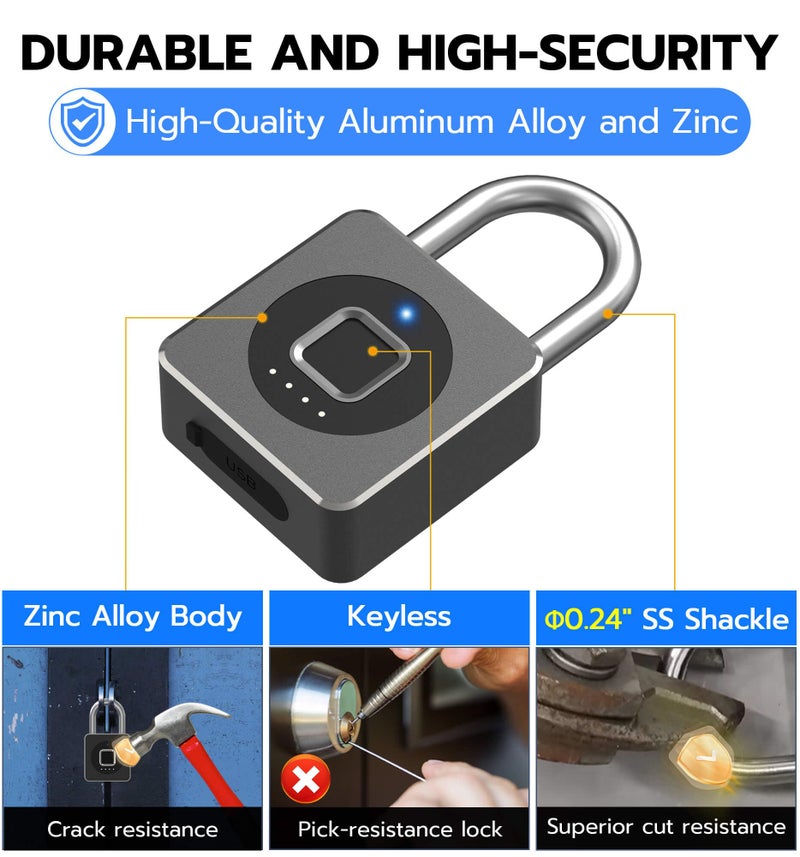 eLinkSmart Fingerprint Gym Locker Lock, Keyless Biometric Padlock, Weatherproof Electronic Digital Bluetooth App Smart Combo Pad Lock for Outdoor Fence Gate School Locker Storage Pool Shed - Black - Image 5