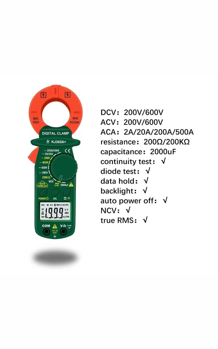 kashemano Compact digital clamp meter, DC, 600V, 500A, plastic, green,Digital Display 1999 - Image 2