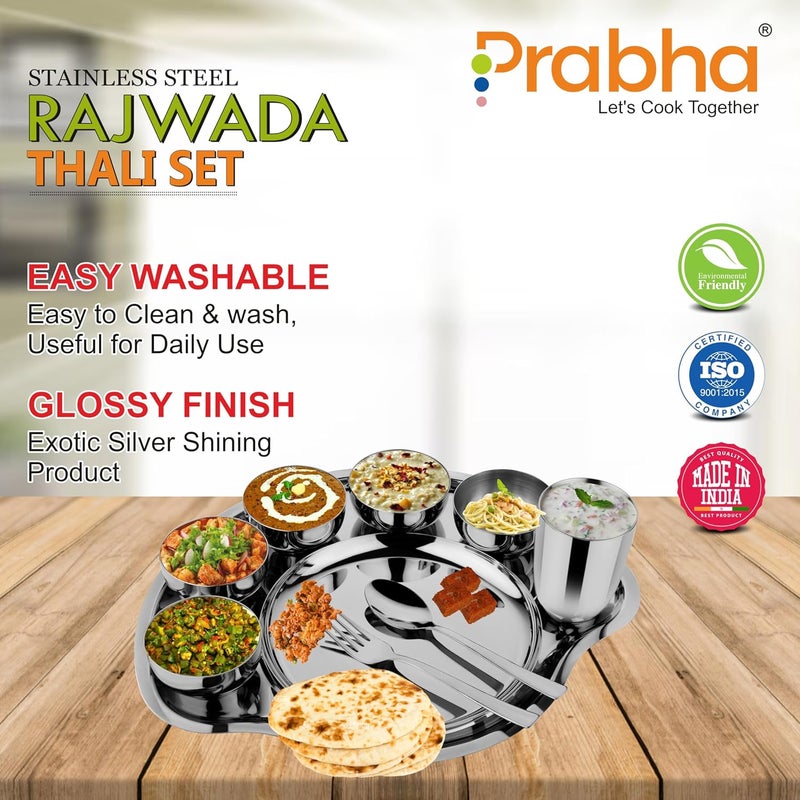 Prabha Stainless Steel Plain Rajwada Thali Set Easy Cleanable Useable for Guest Dinner Set Bhojan Thal Durable for Long Term High Grade Stainless Steel - Image 5