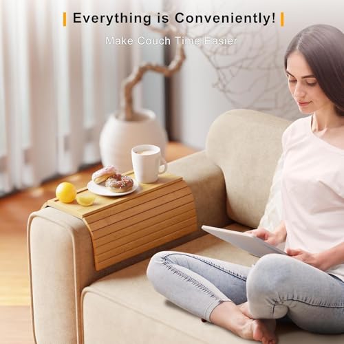 STORE 2508 Store2508 Bamboo Sofa Armrest Tray - Couch Arm Tray with Detachable Couch Cup Holder - Anti-Slip - Cup Holder for Drinks Mobile Phone Remote Snacks (Natural Bamboo) - Image 5