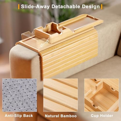 STORE 2508 Store2508 Bamboo Sofa Armrest Tray - Couch Arm Tray with Detachable Couch Cup Holder - Anti-Slip - Cup Holder for Drinks Mobile Phone Remote Snacks (Natural Bamboo) - Image 3