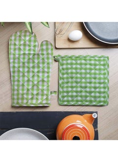 Lushomes Lushomes Oven Gloves Pot Holder Combo, Green Small Checks Microwave Gloves & Pot Holder for Kitchen (1 Pot Holder, Size : 8”x8” & 1 Oven Mitten, Size : 7”x13”, 2 PCs)  - Image 1
