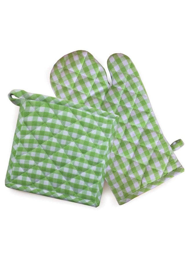 Lushomes Lushomes Oven Gloves Pot Holder Combo, Green Small Checks Microwave Gloves & Pot Holder for Kitchen (1 Pot Holder, Size : 8”x8” & 1 Oven Mitten, Size : 7”x13”, 2 PCs)  - Image 2