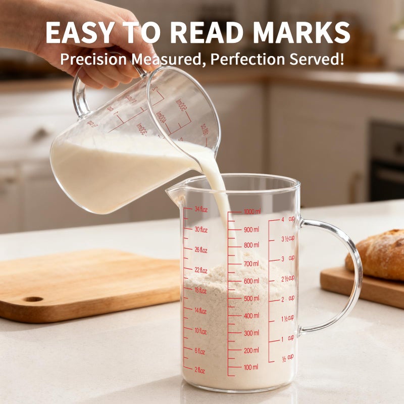 Luvan 34OZ/1000ML Glass Measuring Cup, 4 Cup Glass Measuring Cups With 3 Scales (Ml/Oz/Cup), High Borosilicate Measuring Cup With Handle and V-Shaped Spout, Dishwasher/Freezer/Microwave Safe - Image 5