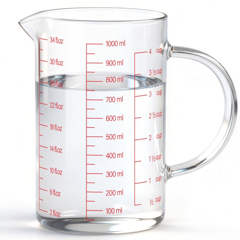 Luvan 34OZ/1000ML Glass Measuring Cup, 4 Cup Glass Measuring Cups With 3 Scales (Ml/Oz/Cup), High Borosilicate Measuring Cup With Handle and V-Shaped Spout, Dishwasher/Freezer/Microwave Safe - Image 1