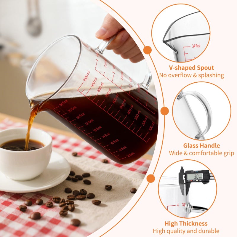 Luvan 34OZ/1000ML Glass Measuring Cup, 4 Cup Glass Measuring Cups With 3 Scales (Ml/Oz/Cup), High Borosilicate Measuring Cup With Handle and V-Shaped Spout, Dishwasher/Freezer/Microwave Safe - Image 4