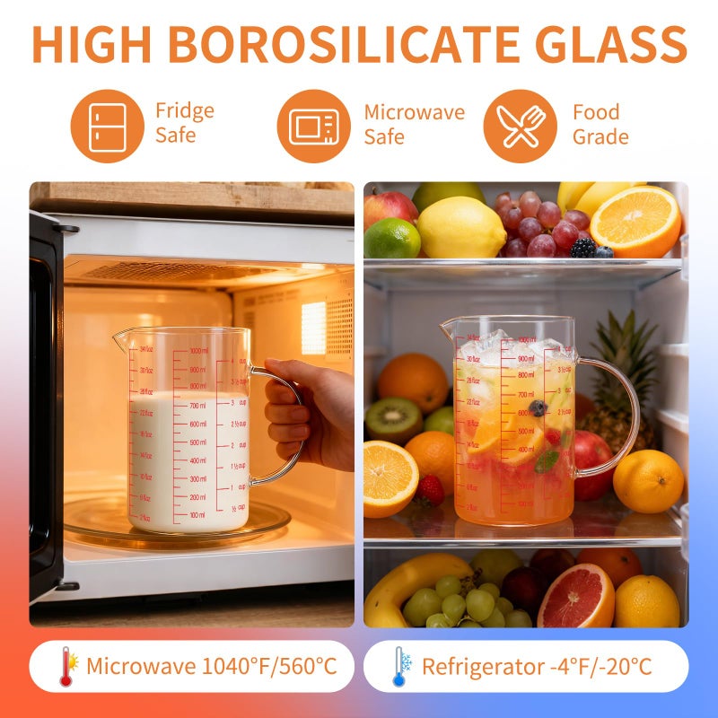 Luvan 34OZ/1000ML Glass Measuring Cup, 4 Cup Glass Measuring Cups With 3 Scales (Ml/Oz/Cup), High Borosilicate Measuring Cup With Handle and V-Shaped Spout, Dishwasher/Freezer/Microwave Safe - Image 3