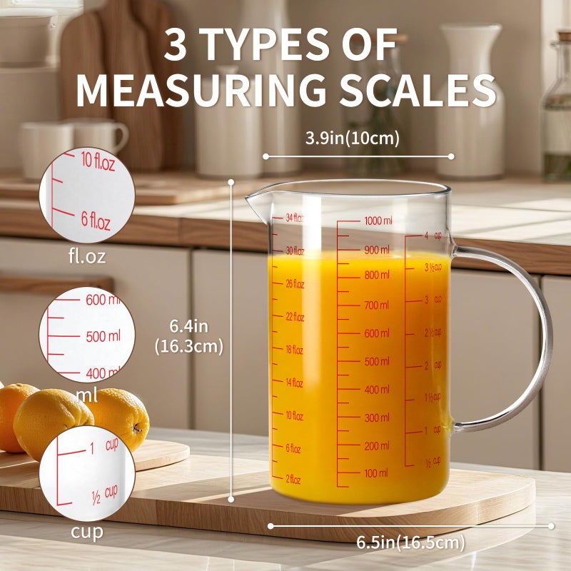 Luvan 34OZ/1000ML Glass Measuring Cup, 4 Cup Glass Measuring Cups With 3 Scales (Ml/Oz/Cup), High Borosilicate Measuring Cup With Handle and V-Shaped Spout, Dishwasher/Freezer/Microwave Safe - Image 2