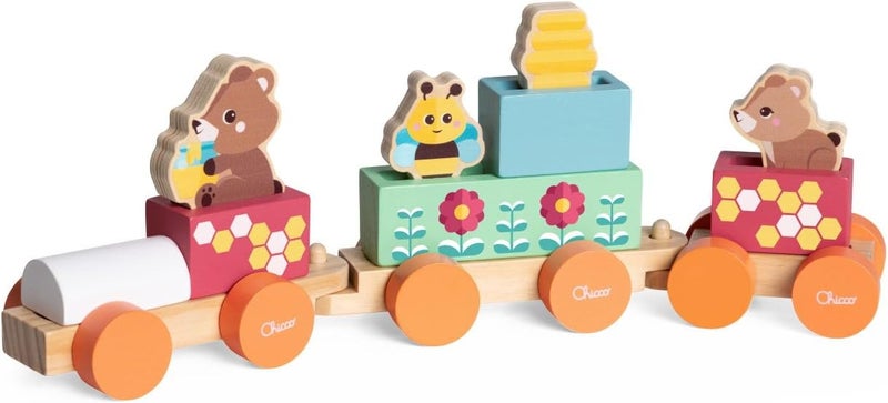 Chicco Teddy Bear Train Game - Wooden Toy Playset with 4 Figures and 5 Colorful Blocks