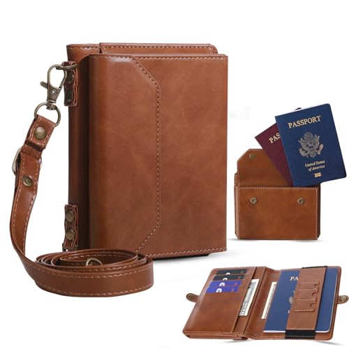 ASAPDOS RFID Blocking Family Passport Holder Wallet,Hold 2-3 Passports for Travel with Credit Card Slots & Wrist Crossbody Strap Brown - Image 1