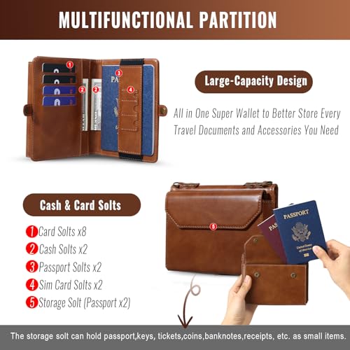 ASAPDOS RFID Blocking Family Passport Holder Wallet,Hold 2-3 Passports for Travel with Credit Card Slots & Wrist Crossbody Strap Brown - Image 2