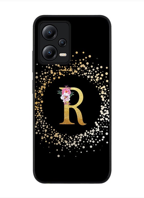 Cover for Poco X5 / Redmi Note 12 5G, Rugged Black Slim fit Protective Phone Cases - Custom Monogram Initial Letter Floral Pattern Alphabet -R (Black)