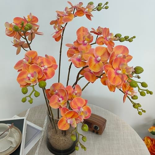 ATFL 8 Pack Orange Orchid Artificial Flowers Real Touch, 22'' Artificial Fake Faux Silk Sunset Red Orchid Stem Bouquets for Wedding Party Home Garden Decor,Orquideas Artificiales para Decora - Image 4