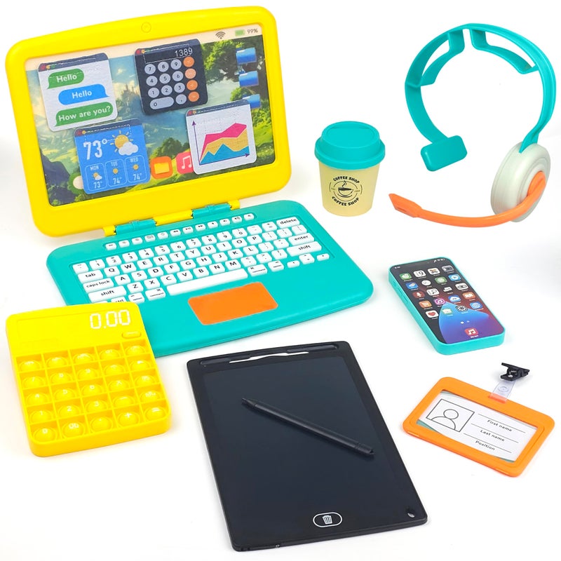 BLOONSY Pretend Play Home Office Set for Kids Ages 357 Features Toy Laptop Computer LCD Writing Tablet Pop Fidget Calculator Cell Phone Headset Toddlers Beverage Cup - Image 2